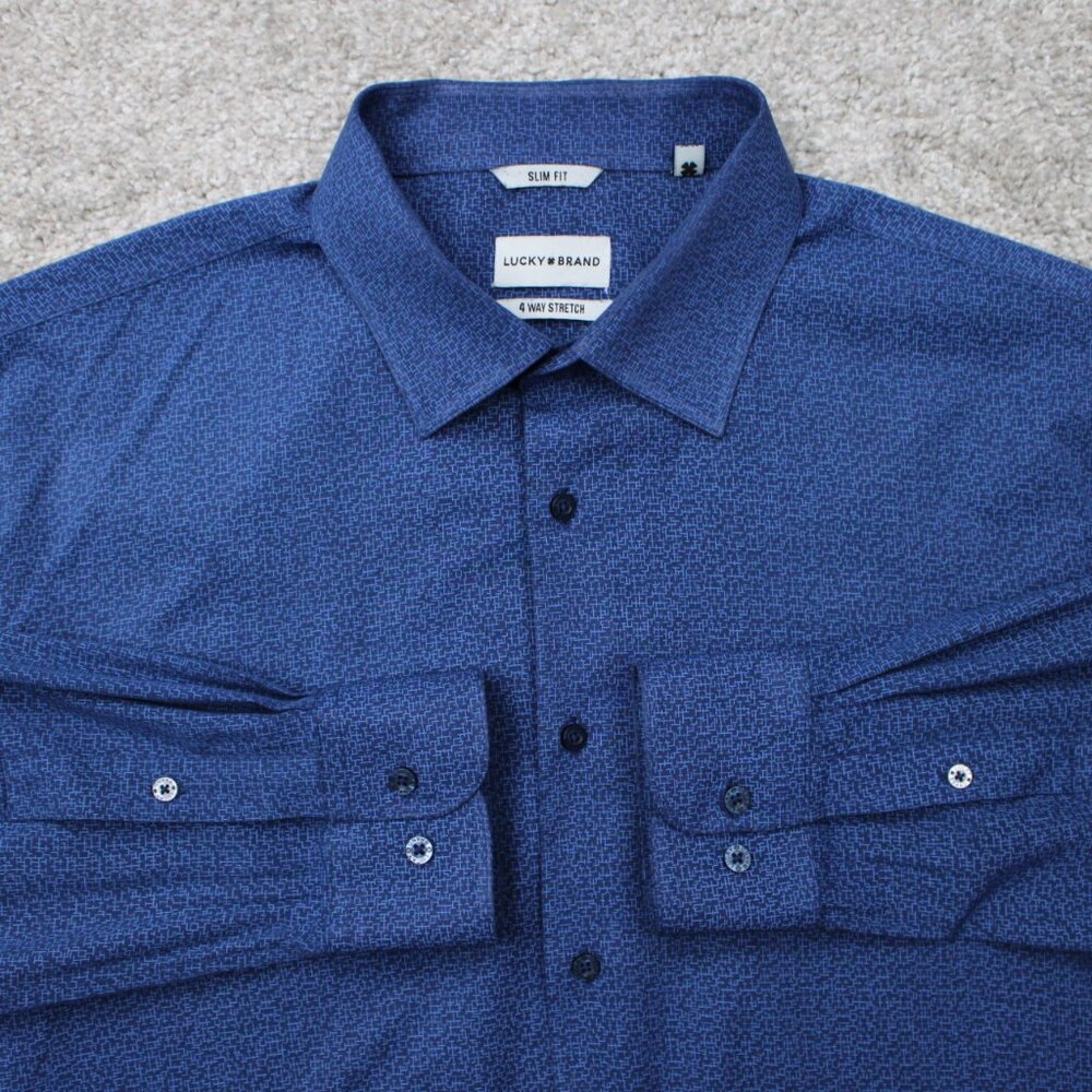 Lucky Brand Shirt Mens XL (17/17.5, 34/35) Blue Geometric Slim Fit 4 Way Stretch